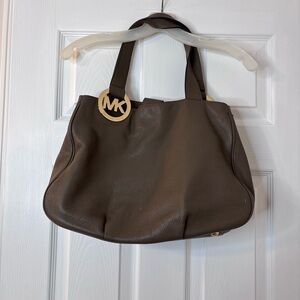 Michael Kors Taupe Leather Shoulder Bag with Gold MK Charm